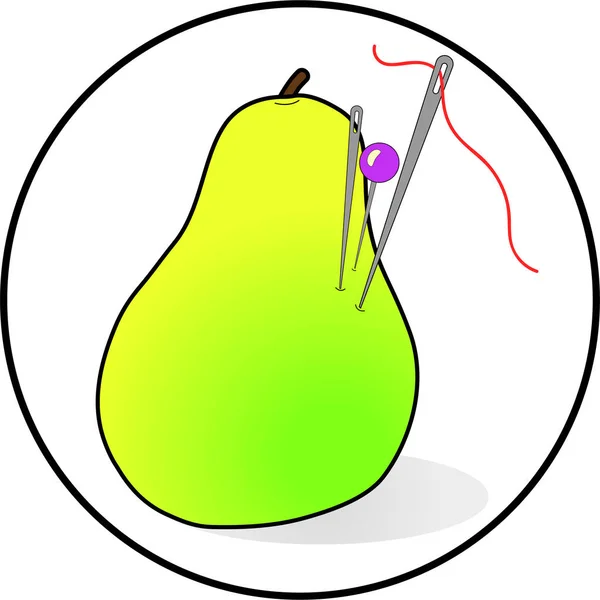 Kussen in de vorm van een peer met naalden, concept achtergrond. Cartoon afbeelding van een kussen met naalden — Stockvector