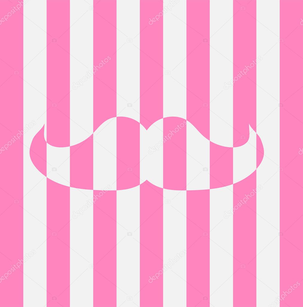 stylish striped icon of white pink mustache. Simple vector illustration. on a striped pink white background.