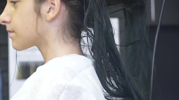 Yakın çekim, profesyonel kuaför. saç için tonlama bir tonik esmer bir kızla saç boyama işlemi. Mavi renkli. saç kurutma makinesi ile saç kurutma — Stok video