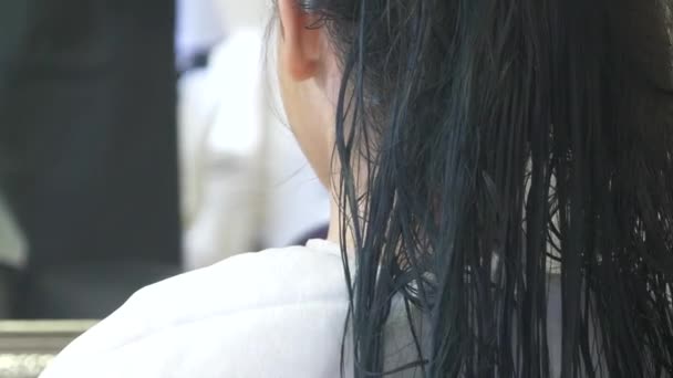 Acercamiento, peluquero profesional. proceso de pintar el cabello de una chica morena con un tónico tonificante para el cabello. Color azul. secar el cabello con un secador de pelo — Vídeos de Stock