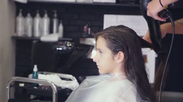 Close-up, professionele kapper. proces van het schilderen van de haren van een brunette meisje met een verstevigende tonicum voor haar. Droogrek met een haardroger, Slow motion — Stockvideo