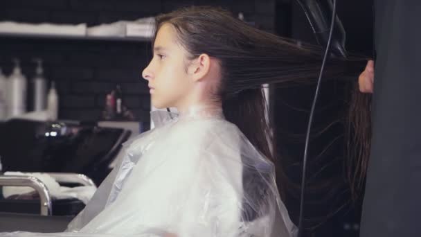 Close-up, Cabeleireiro profissional. processo de pintar o cabelo de uma menina morena com um tónico tonificante para o cabelo. secagem de cabelo com secador de cabelo, câmera lenta — Vídeo de Stock