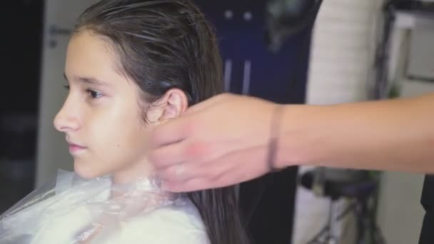 Gros plan, coiffeur professionnel. processus de peinture des cheveux d'une fille brune avec un tonique tonifiant pour les cheveux. sèche-cheveux avec sèche-cheveux, mouvement lent — Video