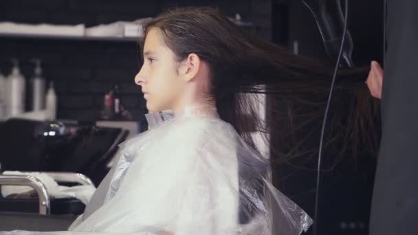 Close-up, Cabeleireiro profissional. processo de pintar o cabelo de uma menina morena com um tónico tonificante para o cabelo. secagem de cabelo com secador de cabelo, câmera lenta — Vídeo de Stock