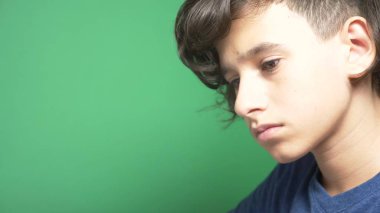 profil yeşil bir arka plan üzerine bir genç çocuk. yakın çekim. çocuk üstünde belgili tanımlık laptop perde konsantre ve notlar dörtlü içinde yapım
