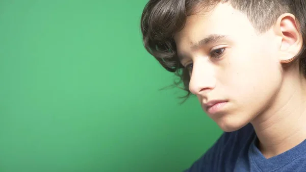 Profile of a teenager boy, on a green background. close-up. the boy is concentrating on the laptop screen and making notes in the tetrad — Stock Photo, Image