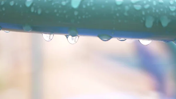 Gocce d'acqua pendono sulla ringhiera blu ferro bagnato, dopo la pioggia. La natura. Tempo nuvoloso. Piovoso. primo piano — Foto Stock