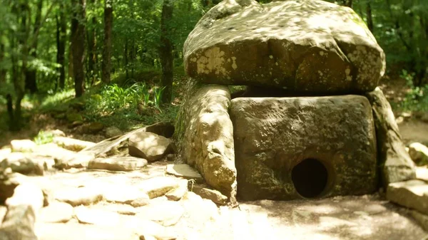 Veduta dell'antico edificio dolmen tra gli alberi, sfocatura sullo sfondo — Foto Stock