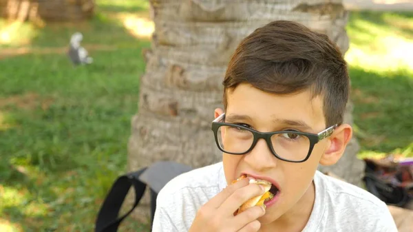 Attraktiver Junge isst einen frischen Burger, der auf Gras unter einem Baum im Park sitzt. — Stockfoto