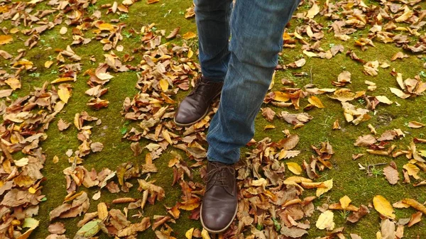 Blick von oben, Füße, die an den herbstlich gefallenen Blättern entlanglaufen. — Stockfoto