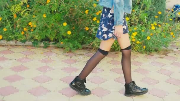 Kavram sonbahar geliyor. bacaklar bir genç kızın siyah ayakkabılar ve golf. Sonbahar parkta kız yürüyor — Stok video