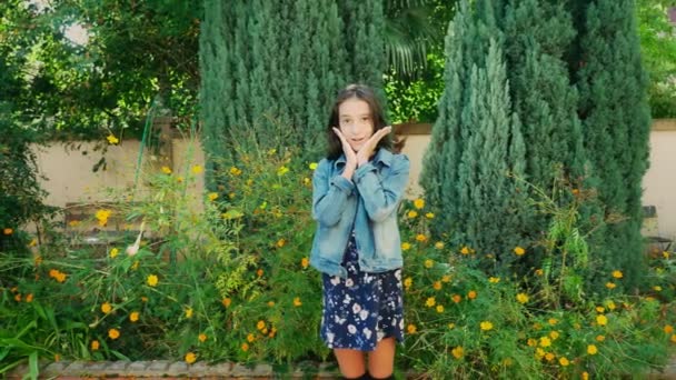 Portrait of beautiful young girl walking outdoors in autumn. She poses for the camera — Stock Video