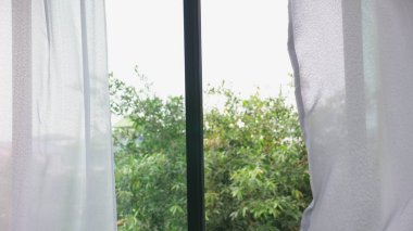 Saydam pencere perde, yavaşça rüzgar tarafından taşındı. Pencerenin dışında yeşil ağaçların yaprakları görebilirsiniz