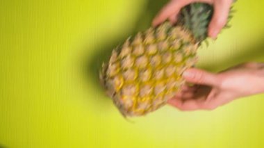 Eller, parlak sarı bir arka plan üzerinde ananas koymak. Çok az meyve kavramı.