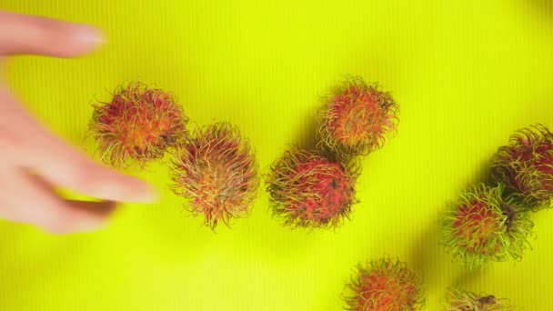 明るい黄色の背景にランブータン果実。最小限の果物概念. — ストック動画