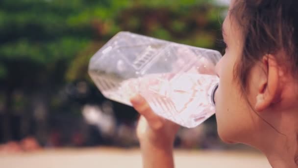 Gros plan. une fille boit de l'eau propre d'une bouteille en plastique sur un fond de feuilles vertes — Video