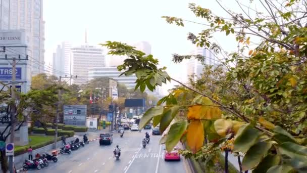 Bangkok, Thailand. 7 januari 2019. biltrafik på en upptagen motorväg, ovanifrån, i fokus på lövverket av träd — Stockvideo