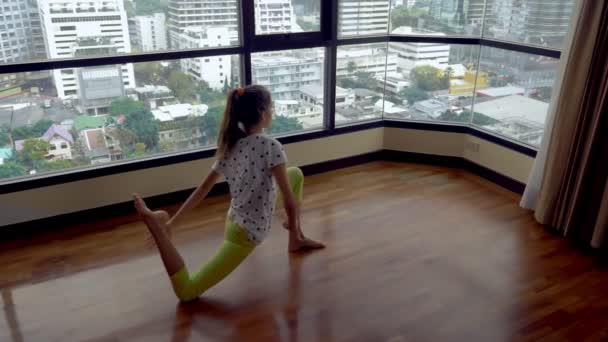 Schlankes junges Mädchen vor einem großen Panoramafenster mit Blick auf die Wolkenkratzer — Stockvideo