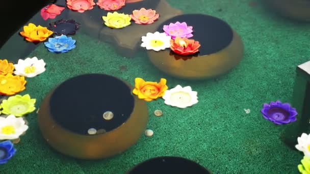 Velas de aroma multicolor en forma de flor de loto en un tazón con agua para ofrendas al Buda . — Vídeo de stock