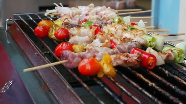 Cuisine de rue thaïlandaise. Barbecue grill sur le feu  . — Video