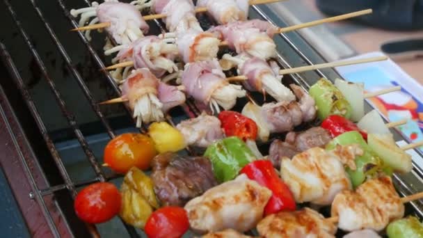 Thailändsk snabbmat. Grillen på elden . — Stockvideo