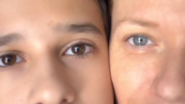 Ojos azules de una mujer y ojos marrones de un niño cercano, primer plano — Vídeos de Stock