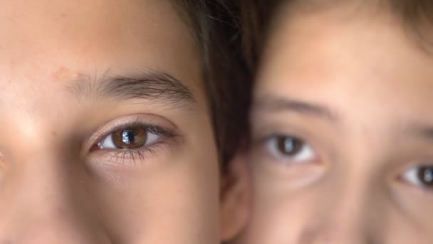 Primer plano, los ojos marrones de un niño y una adolescente están cerca. gemelas — Vídeos de Stock