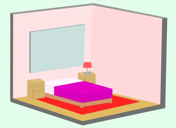 Quarto isométrico vetorial. ícone do cartão de visita. O quarto tem uma cama, mesas de cabeceira e uma janela . — Vetor de Stock