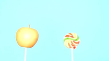 Sağlıklı ve sağlıksız gıda kavramı. Parlak mavi arka plan üzerinde bir şeker karşı Elma