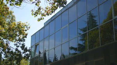 parkın yanında duran, cam cepheli modern bir yüksek katlı binanın pencerelerinde ağaçların yansıması