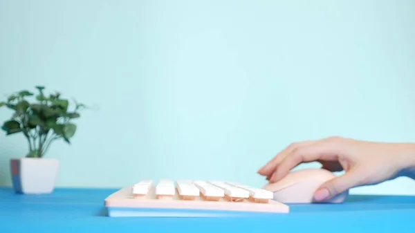 Крупным планом. стильная поздравительная видеокарта. женские руки печатают на розовой клавиатуре, рядом с цветком. на синем фоне . — стоковое фото