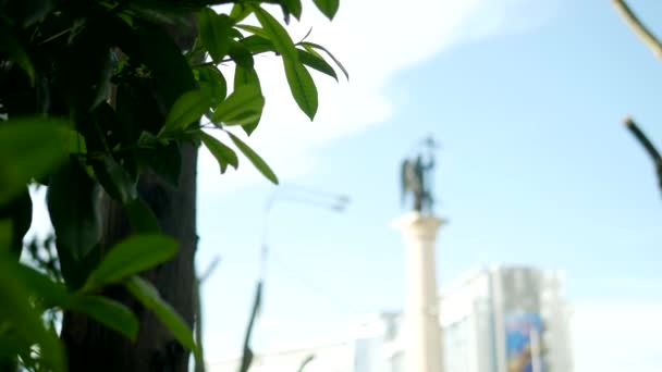 Blurred silhouette statue of an angel with a sword against the blue sky in the frame of foliage — Stock Video