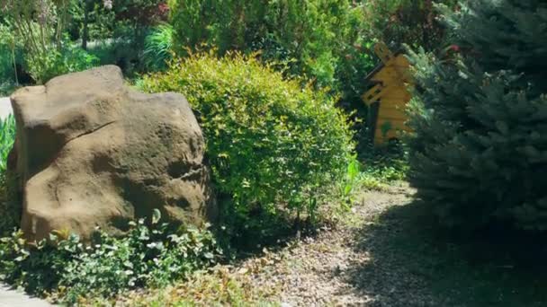 Conceito de design de paisagem. Jardim exuberante com árvores e plantas coloridas no verão dia ensolarado — Vídeo de Stock