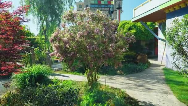 Luxurious hotel in Victorian style, immersed in beautiful trees and bushes. roofs with spiers on a background of clear blue sky — Stock Video