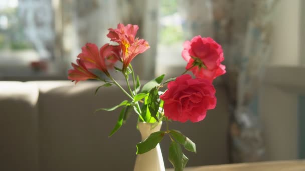 Close-up. Schattig boeket van rode rozen en Freesia in een vaas op een tafel op een zonnige zomerdag in een café — Stockvideo