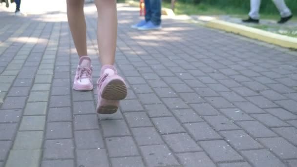 Close-up. Kaki wanita dengan sepatu pink bergaya. Gadis berjalan di jalan dengan trotoar. Sinar matahari alami — Stok Video