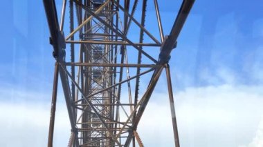 çelik yapı ve mavi gökyüzüne karşı dönme dolap mekanizması. kokpitten görünüm. Close