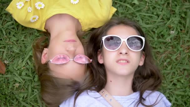 Concepto de vacaciones de verano. Vista desde arriba. Dos chicas adolescentes alegres lindo en gafas de sol que yacen en el césped verde juntos. Día soleado de verano . — Vídeos de Stock