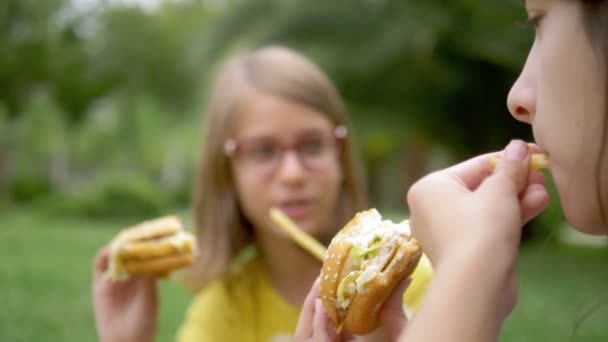 Conceito de piquenique estudantes. duas meninas namoradas comer hambúrgueres e batatas fritas sentadas na grama no parque — Vídeo de Stock