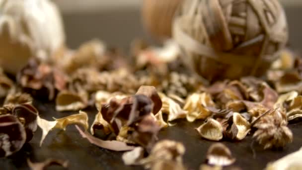 Abstraktní pozadí, textura sušených květin. Potpourri. Close-up. sušené květiny a semena používaná pro aromáterapii. — Stock video