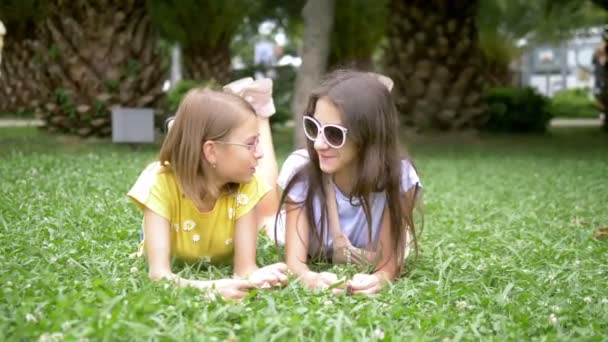 Dos chicas lindas relajarse en el parque en la hierba — Vídeos de Stock