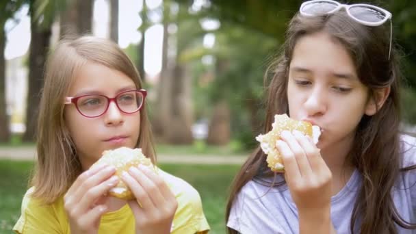 Studenter picknick koncept. två flickor flickvänner äter hamburgare och pommes frites sitter på gräset i parken — Stockvideo