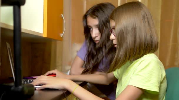 Deux petites amies, des adolescentes et des étudiants s'assoient ensemble à la table d'entraînement et utilisent un ordinateur portable le soir. ils sont joyeux et heureux — Video
