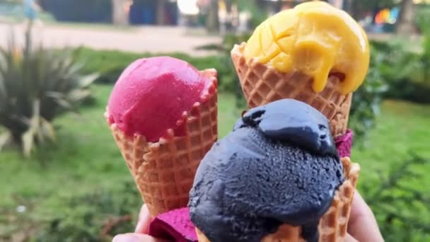 Concetto di cibo. Primo piano. Qualcuno tiene tra le mani e mostra sulla macchina fotografica tre gelati colorati, perfetti per il caldo estivo . — Video Stock