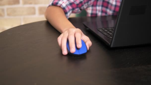 Close. Dizüstü bilgisayar kullanan genç bir çocuğun elinde bilgisayar faresi. — Stok video