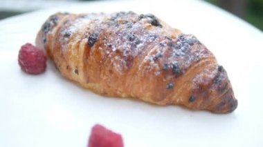 Close. Puf böreği kruvasan. Beyaz bir tabakta çikolata parçaları ve taze ahududu ile dekore edilmiş kruvasan. tercih edilen odak