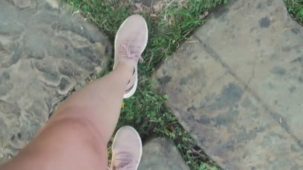 Gambe femminili in scarpe da ginnastica rosa camminano lungo un pavimento di ciottoli con erba e foglie cadute, vista in prima persona — Video Stock