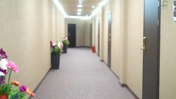 ぼやけた背景。花瓶に花が咲く長い廊下 — ストック動画