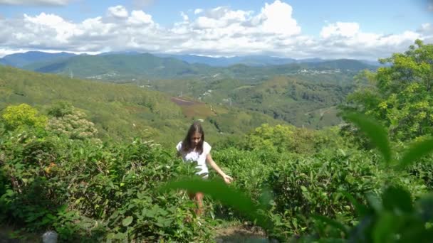 Retrato. encantadora chica adolescente en un fondo de magnífico paisaje de montaña y cielo azul — Vídeo de stock