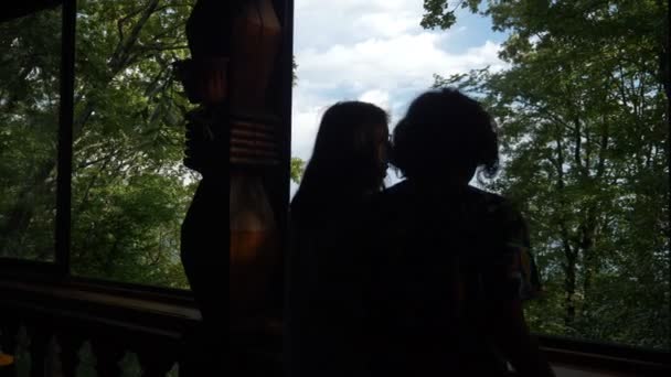 Silhouettes of a boy and a girl looking out the window at a green forest and blue sky — стоковое видео